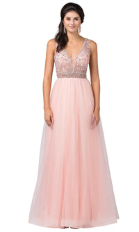 Beaded-Bodice Long Prom Ball Gown with Cut-Out