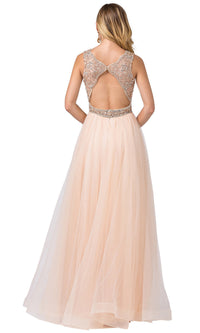 Beaded-Bodice Long Prom Ball Gown with Cut-Out