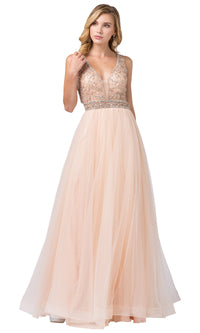 Beaded-Bodice Long Prom Ball Gown with Cut-Out