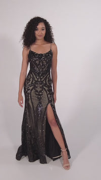 Colette CL2035 Sequin-Tulle Long Black Formal Dress