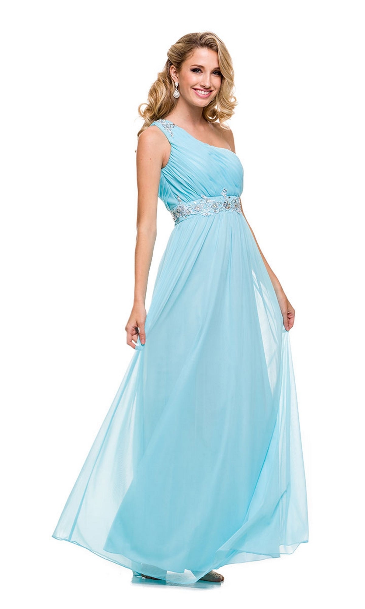 Jeweled-Waist One-Shoulder Long Prom Dress - PromGirl