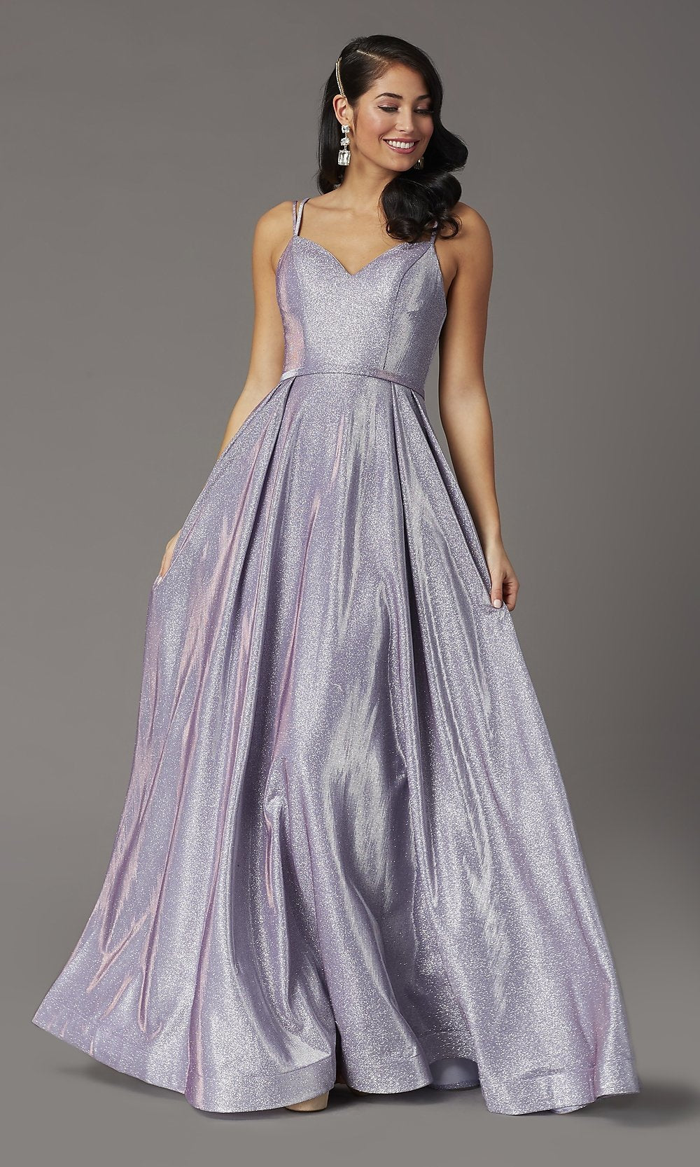 Metallic Long A-Line Prom Dress with Side Pockets