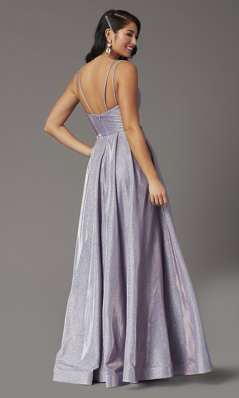 Metallic Long A-Line Prom Dress with Side Pockets