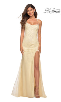 La Femme Beaded Long Prom Dress with Strappy Back