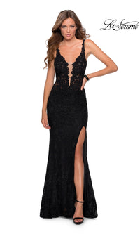 La Femme Long Lace Prom Dress with Cut-Out Back