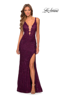 La Femme Long Lace Prom Dress with Cut-Out Back