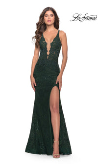 La Femme Long Lace Prom Dress with Cut-Out Back