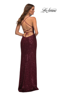 La Femme Strappy Faux-Wrap Long Sequin Prom Dress