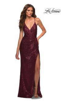 La Femme Strappy Faux-Wrap Long Sequin Prom Dress