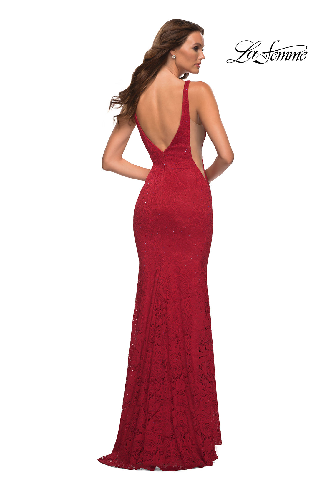 La Femme Long Lace Prom Dress with Sheer Sides