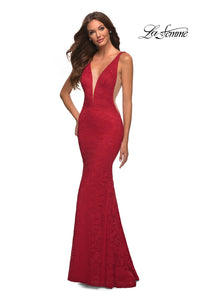 La Femme Long Lace Prom Dress with Sheer Sides