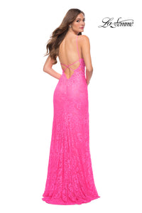 La Femme Open-Back Long Neon Lace Prom Dress