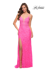 La Femme Open-Back Long Neon Lace Prom Dress