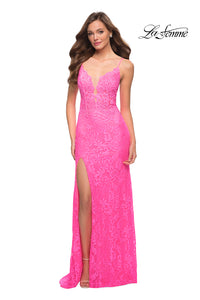 La Femme Open-Back Long Neon Lace Prom Dress