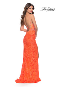 La Femme Open-Back Long Neon Lace Prom Dress