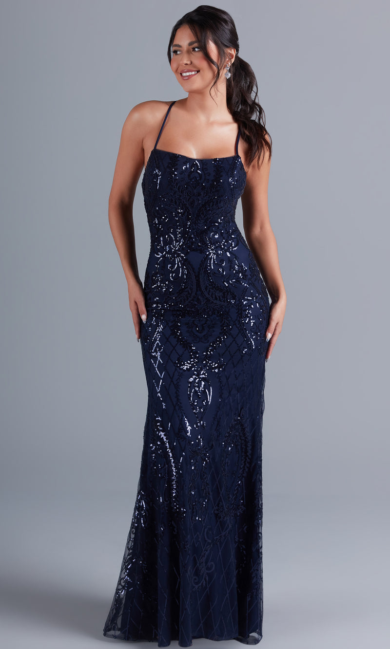 Statement-Back Long Sequin-Print Prom Dress - PromGirl