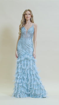 Sequin Prom Dress with Feathers and 3-D Flowers