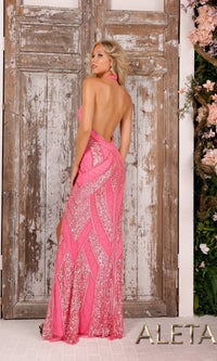 Beaded Long Halter Formal Dress with Open Back