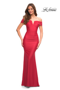 La Femme Off-the-Shoulder Long Jersey Formal Dress