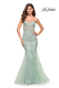 La Femme Long Lace Designer Mermaid Prom Dress