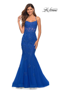 La Femme Long Lace Designer Mermaid Prom Dress