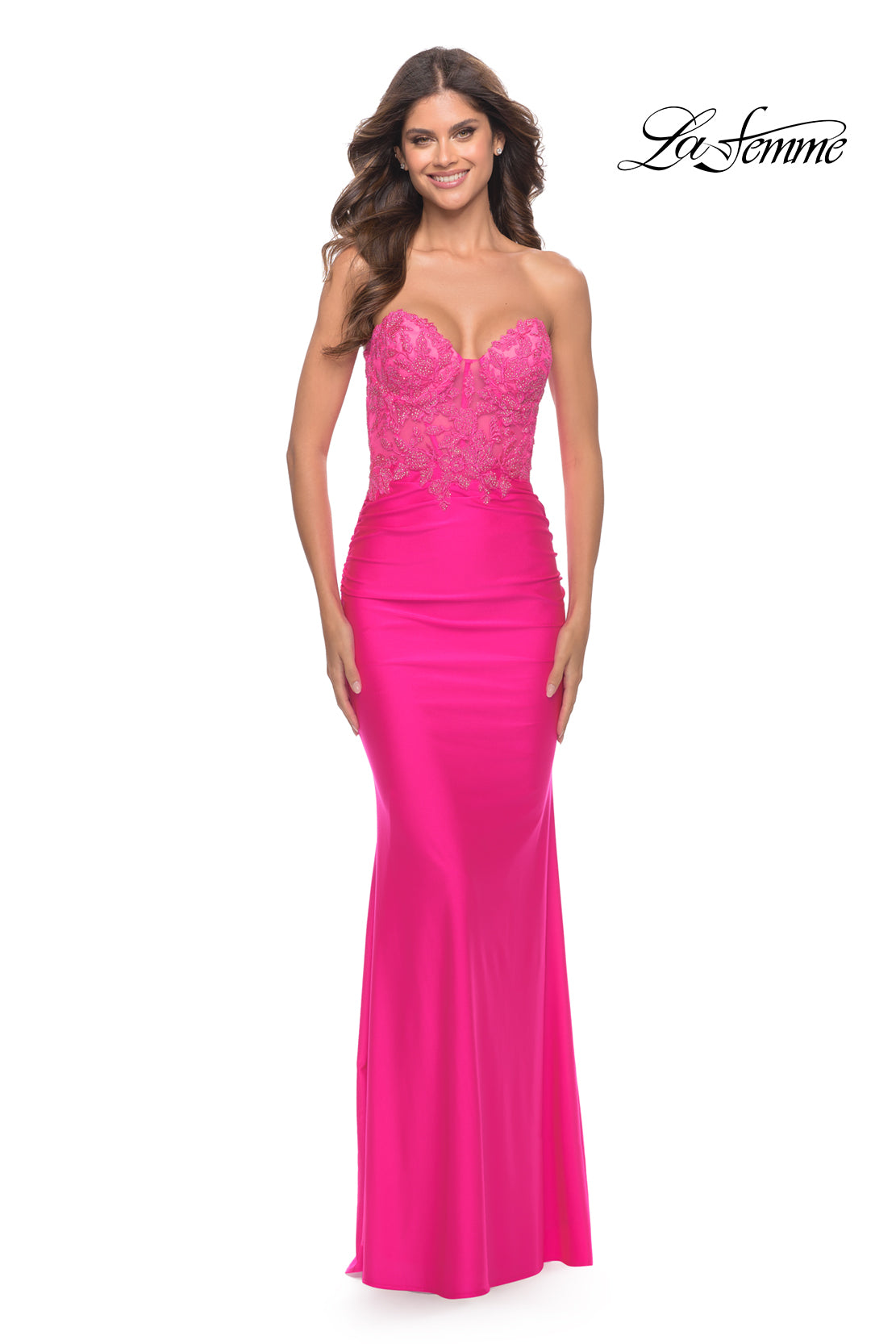 La Femme Strapless Neon Pink Prom Dress Promgirl