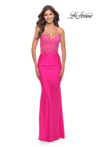 La Femme Strapless Neon Pink Prom Dress with Lace