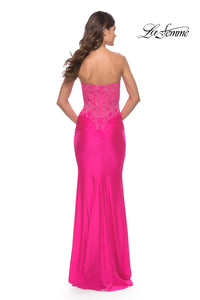 La Femme Strapless Neon Pink Prom Dress with Lace