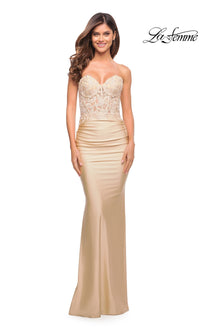 Sheer-Lace-Bodice La Femme Strapless Prom Dress