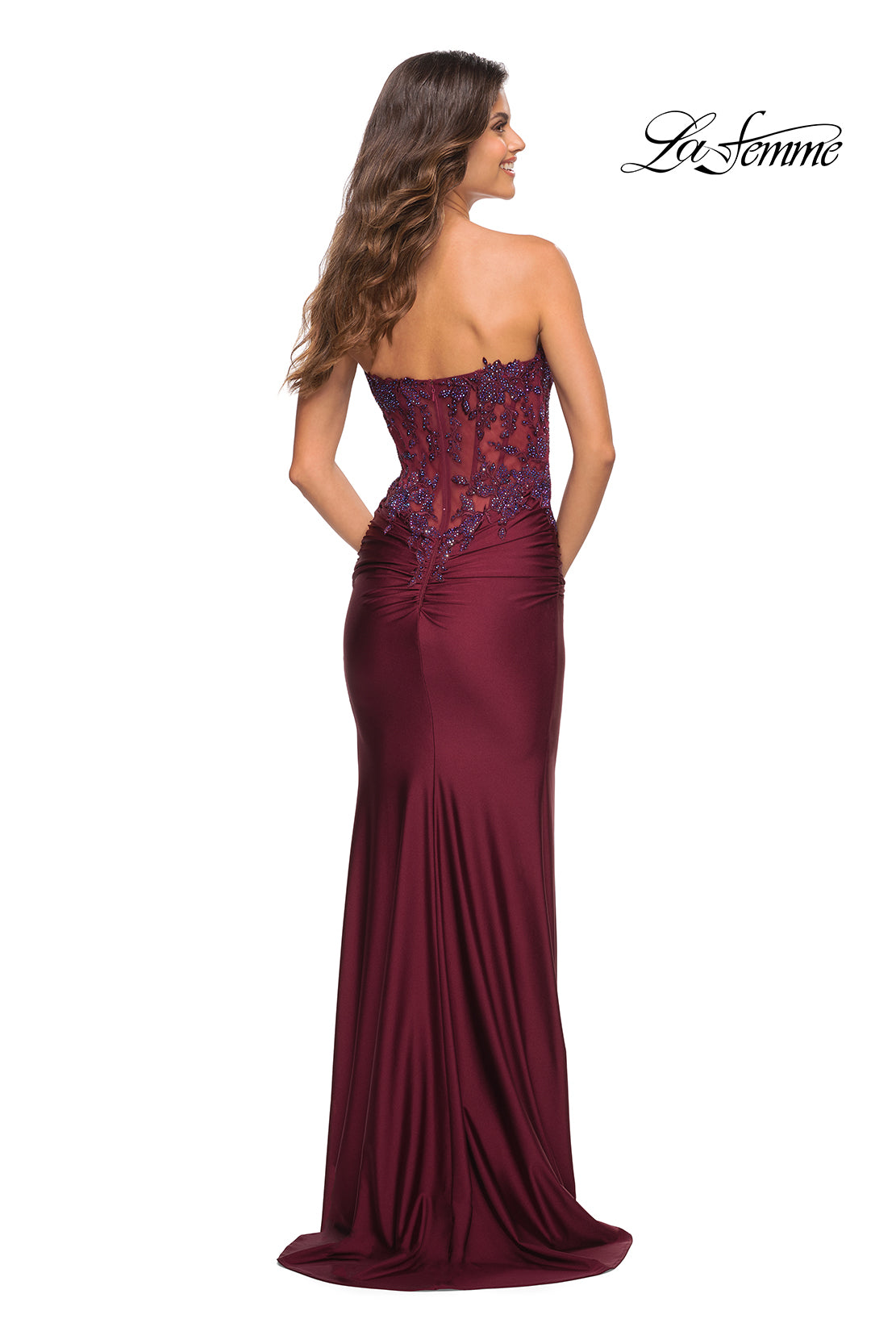 Sheer-Lace-Bodice La Femme Strapless Prom Dress