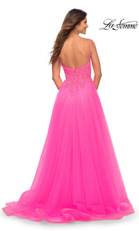 La Femme Neon Pink Long Ball Gown with Lace