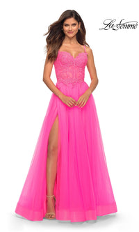 La Femme Neon Pink Long Ball Gown with Lace