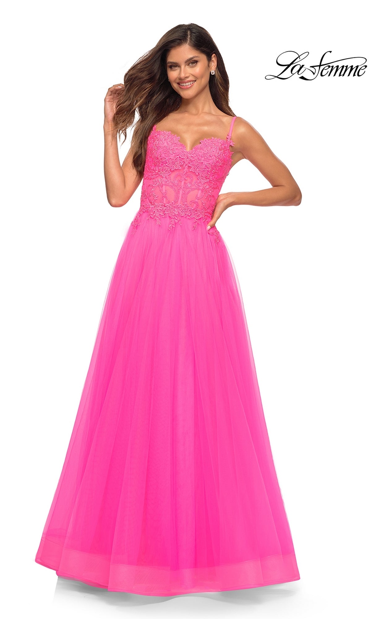 La Femme Neon Pink Long Ball Gown with Lace