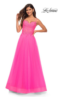 La Femme Neon Pink Long Ball Gown with Lace