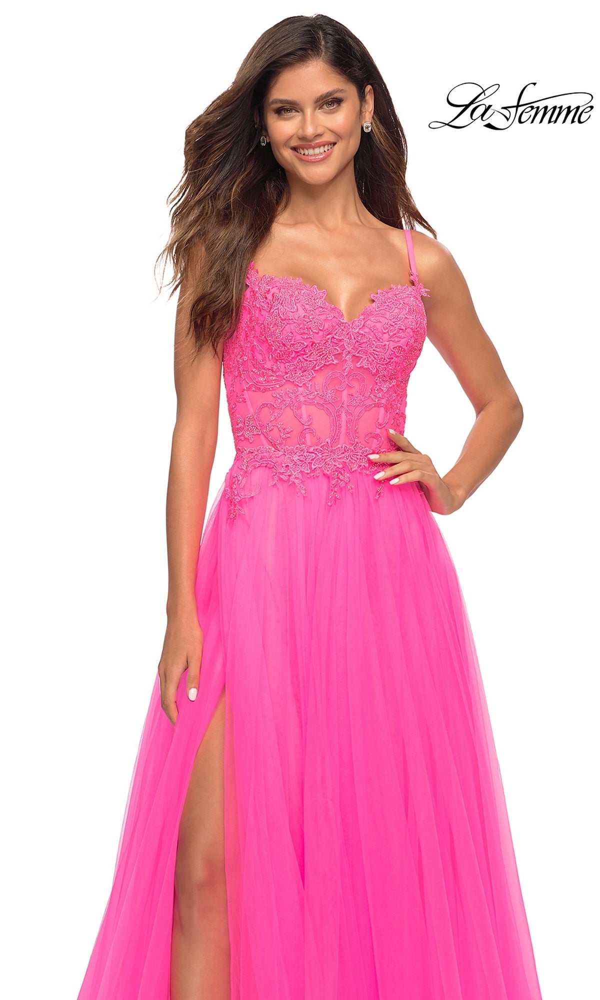 La Femme Neon Pink Long Ball Gown with Lace