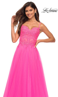 La Femme Neon Pink Long Ball Gown with Lace