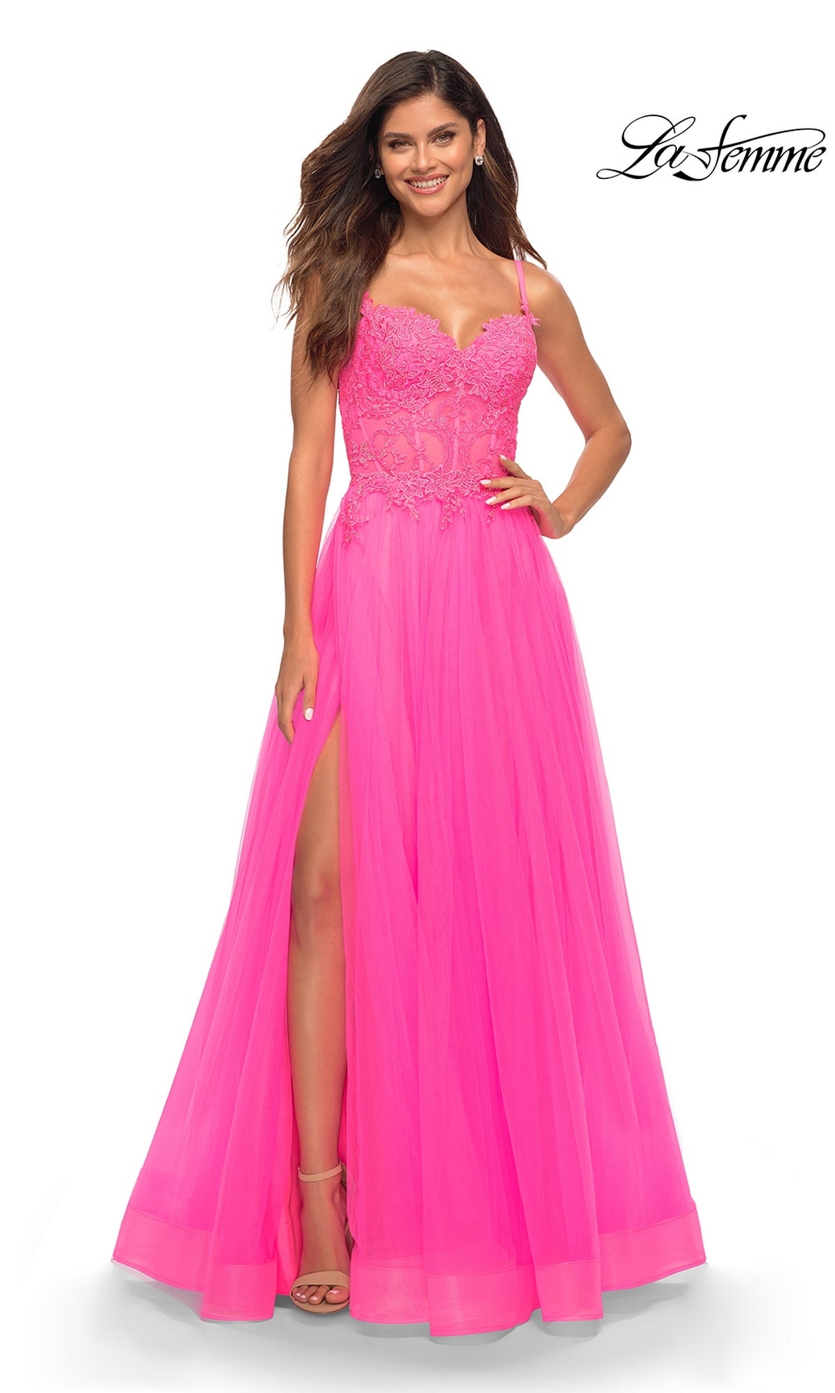 La Femme Neon Pink Long Ball Gown with Lace