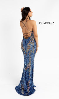 V-Neck Sequin Long Prom Gown with Lace-Up Back