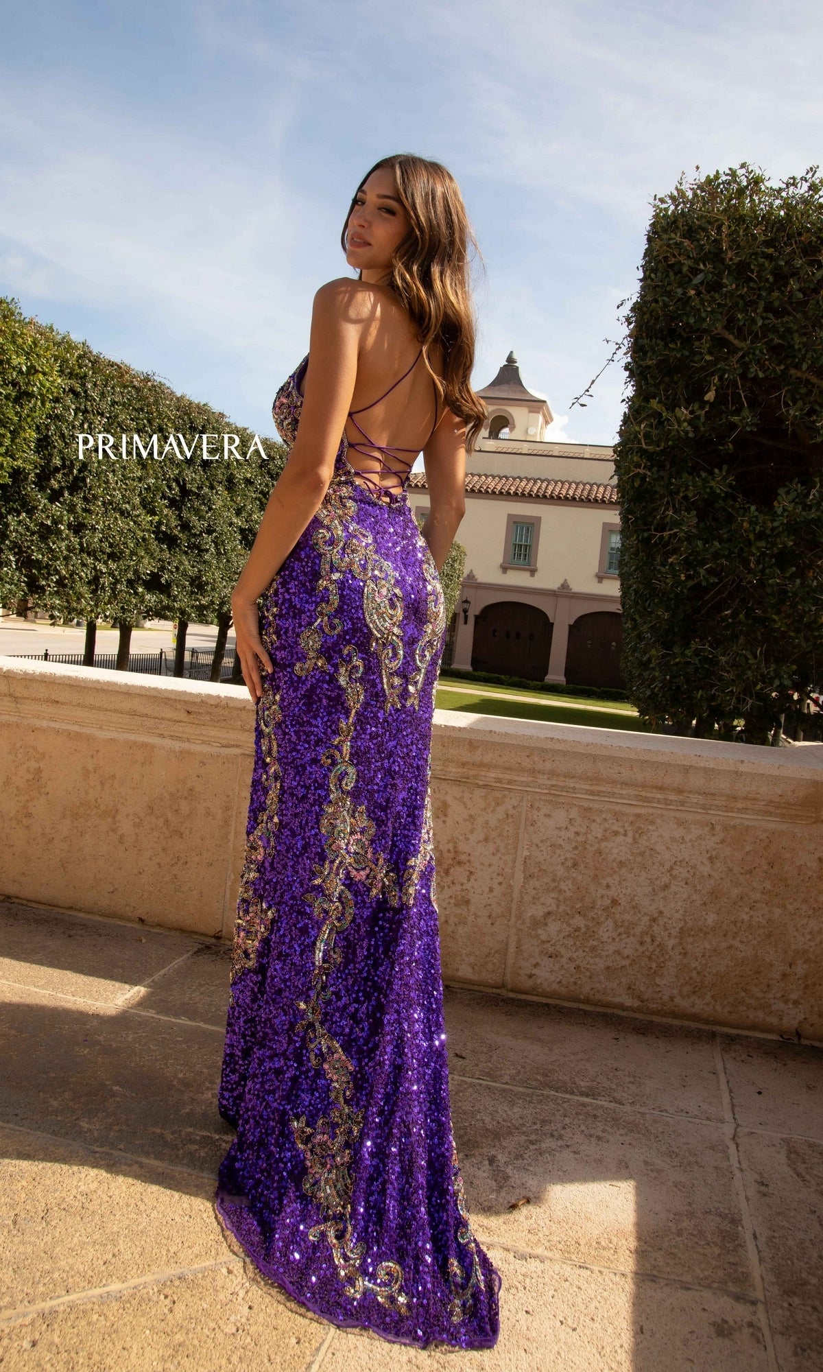 V-Neck Sequin Long Prom Gown with Lace-Up Back