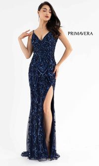 Open-Back Primavera 3749 Long Sequin Prom Dress