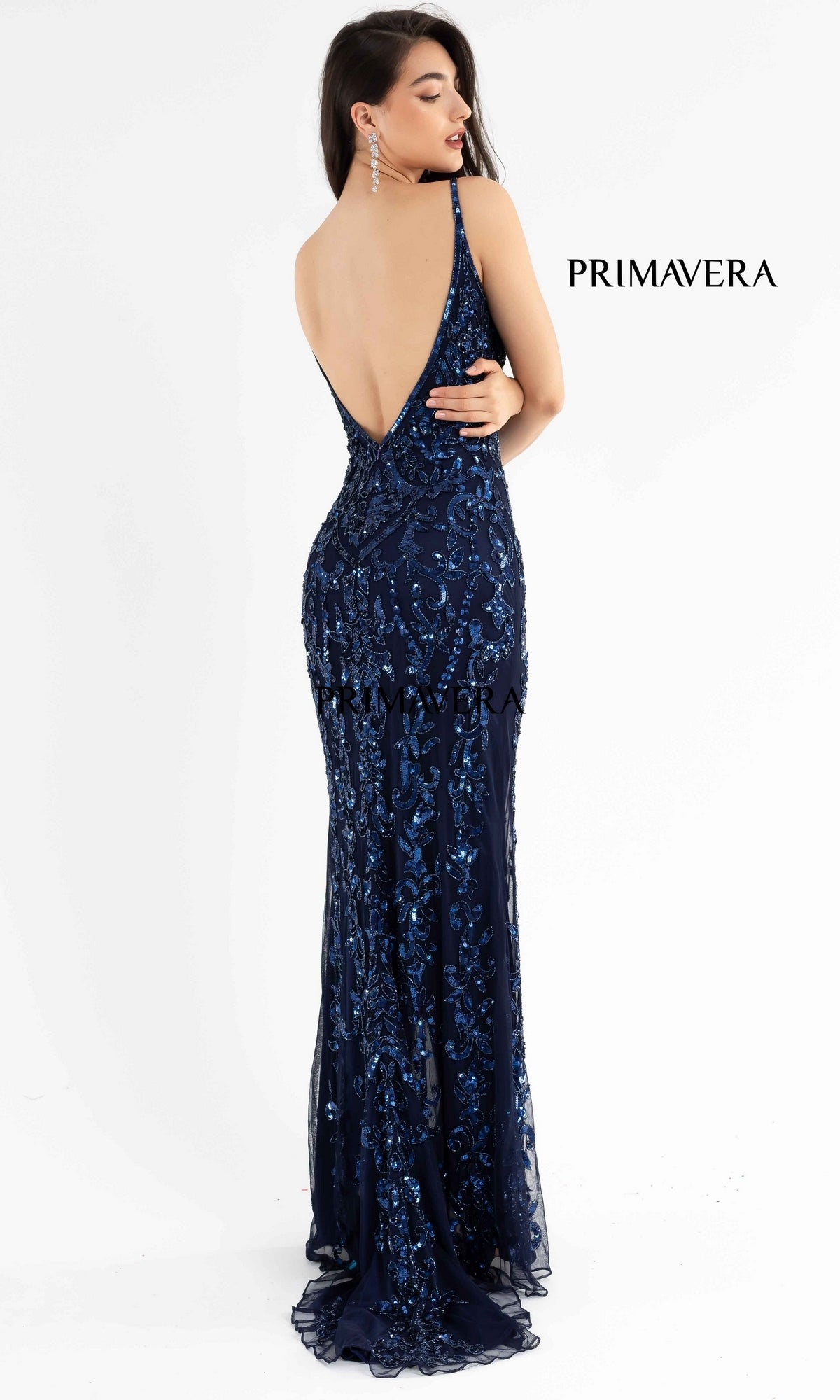 Open-Back Primavera 3749 Long Sequin Prom Dress