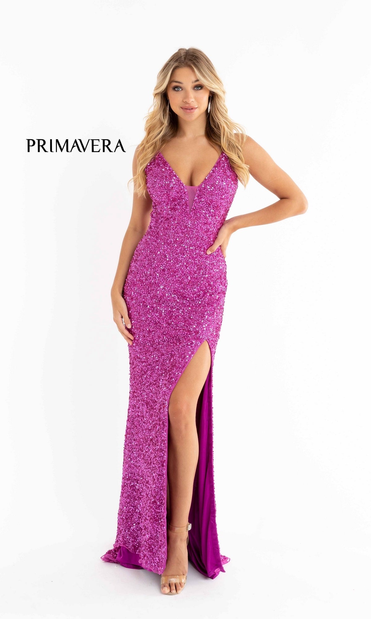 Bright Sequin-Print Long Prom Dress 3792B