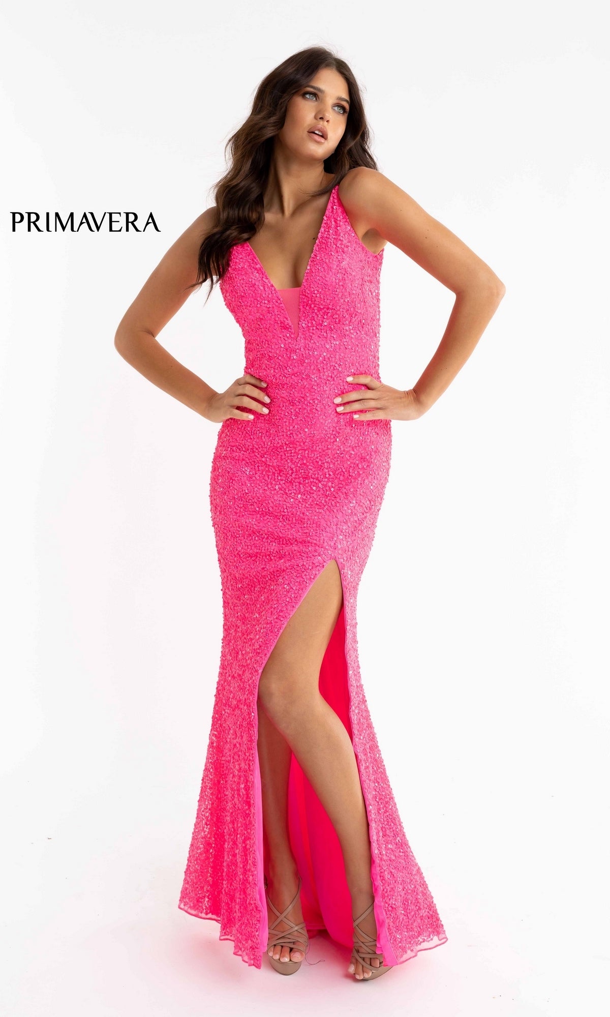 Bright Sequin-Print Long Prom Dress 3792B