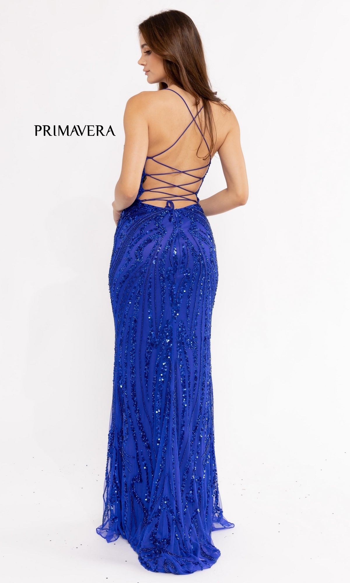 Strappy-Back Long Sequin Prom Dress 3958