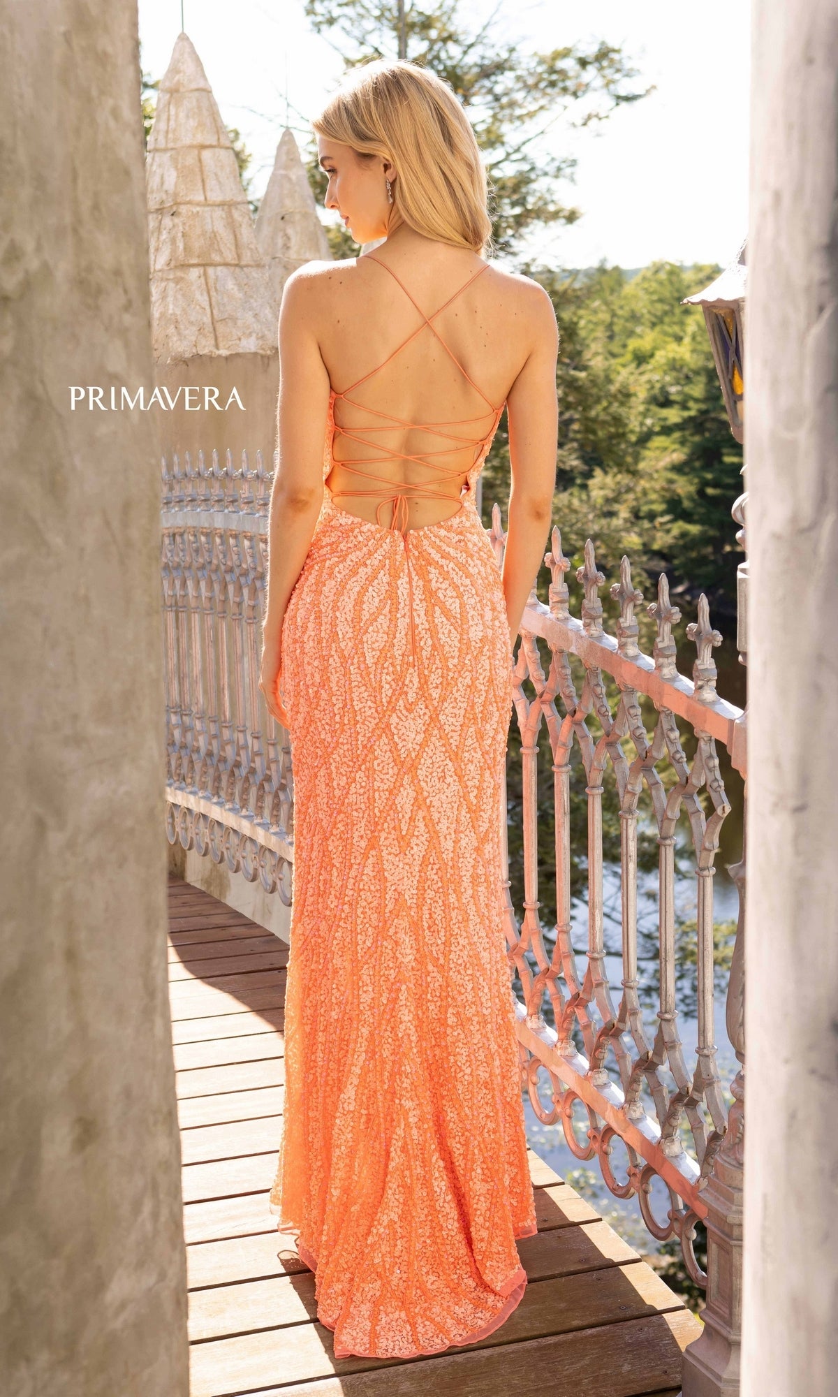 Long Beaded Primavera Prom Gown 3959