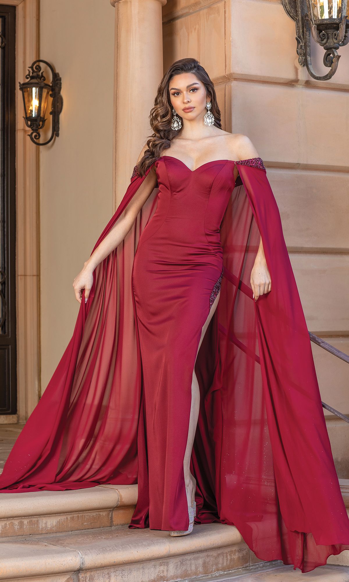 Off-Shoulder Prom Dress with Floor-Length Cape Sleeves