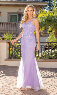 Glitter V-Neck Prom Dress with 3-D Floral Appliques