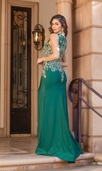 Sleeveless V-Neck Gold-Embroidered Prom Dress 4325