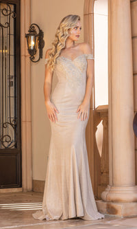 Gold Off The Shoulder Shimmer Formal Gown