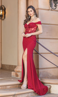 Sheer-Bodice Off-the-Shoulder Long Prom Dress